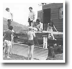 The tech crew at work on the floor at Chowan Creek, 1980 - amazingly no injuries!